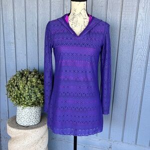 TITLE NINE Purple Eyelet Beach Swimsuit Long Sleeve Cover Up Hooded Dress XS